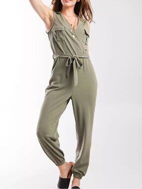 Max & Ash Olive Green Washed Surplice Utility Style Sleeveless Jumpsuit